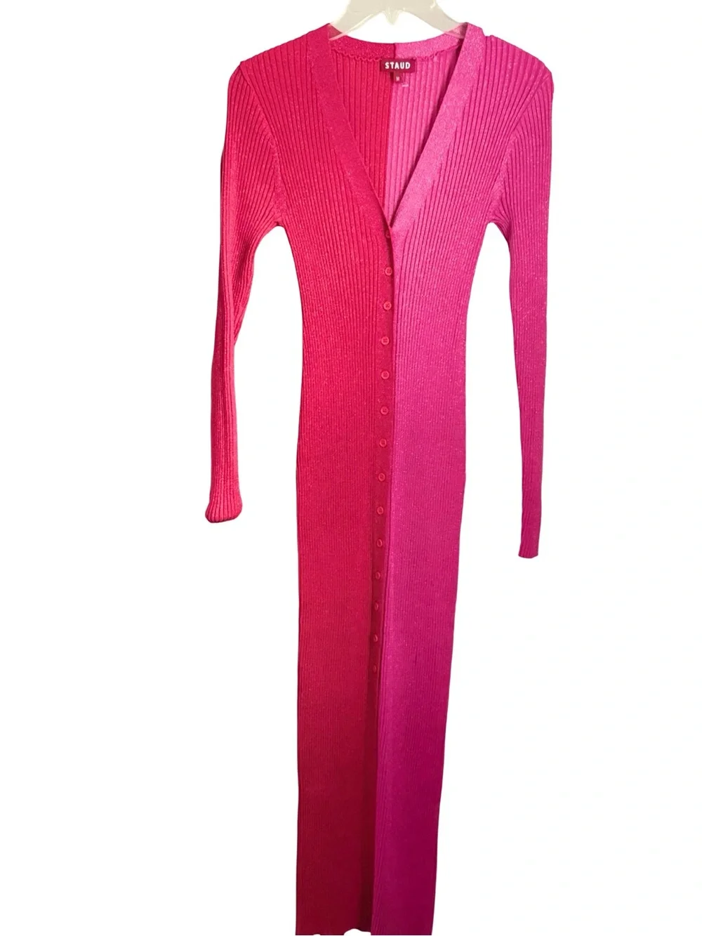 NWOT STAUD Colorblock Rib-Knit Button-Down Metalic  Dress - Pink & Red - Picture 7 of 10